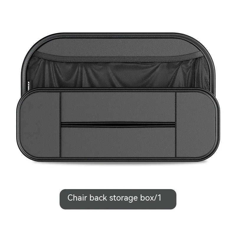 Black leather car seat rear storage bag with dimensions 36x8x24cm showing customisable compartments