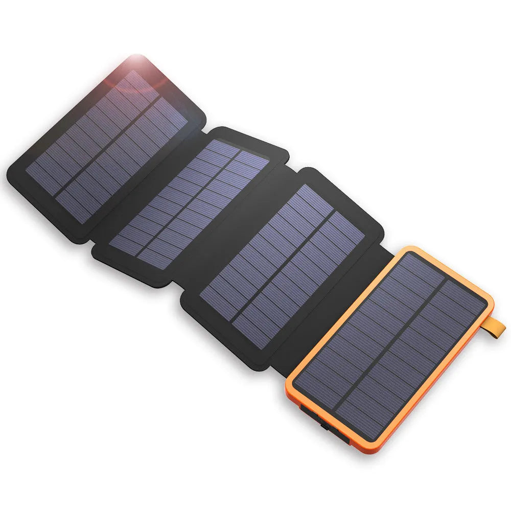 A waterproof solar power bank in one of four colours, showing the solar panel and a built-in LED light.