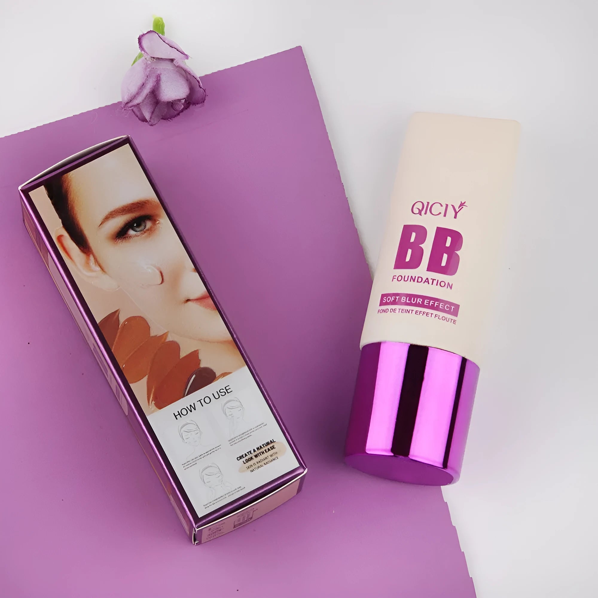 Squeezable plastic bottle of brightening BB cream liquid foundation in one of ten available shades.