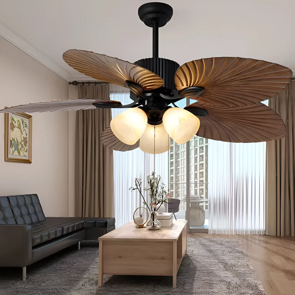 52-inch retro-style ceiling fan light with wooden blades and integrated lighting fixtures
