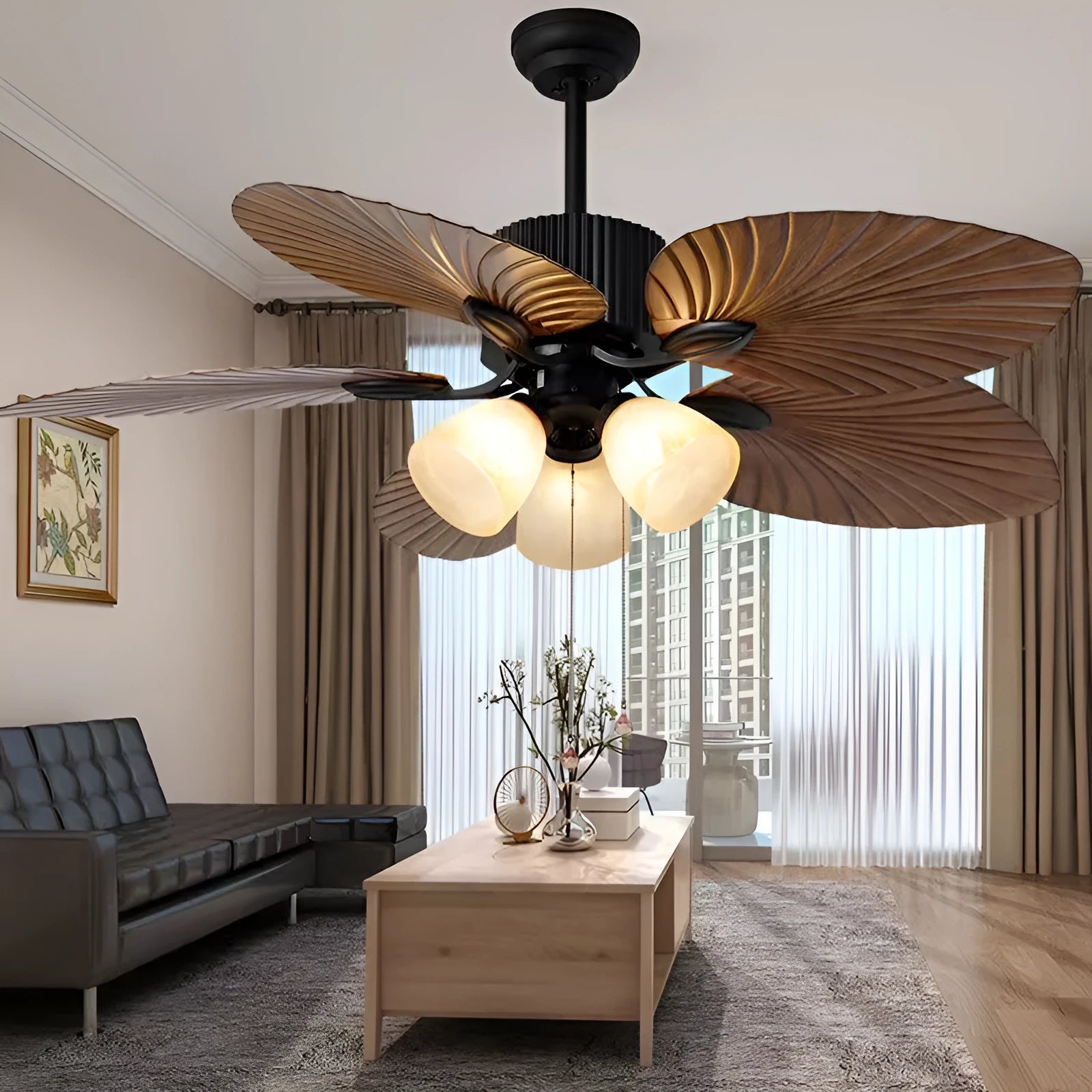 52-inch retro-style ceiling fan light with wooden blades and integrated lighting fixtures