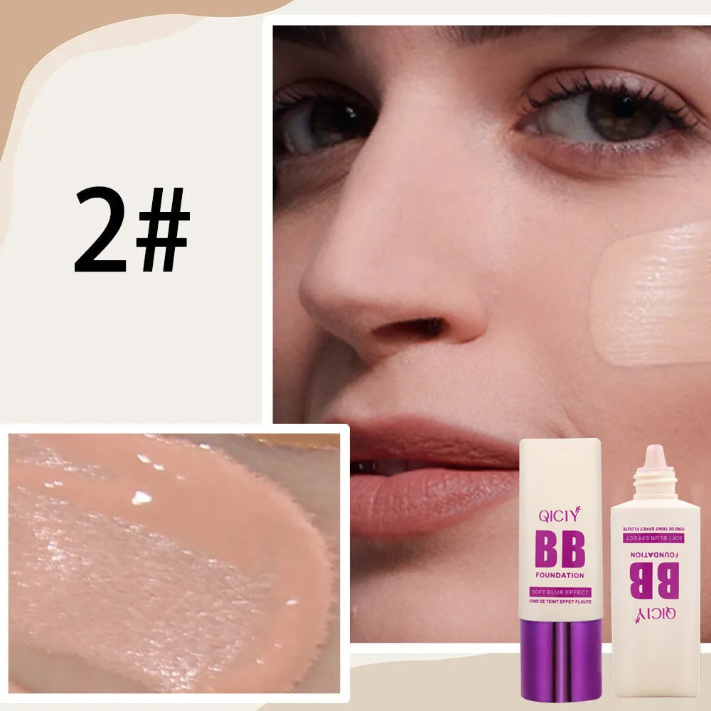 Squeezable plastic bottle of brightening BB cream liquid foundation in one of ten available shades.