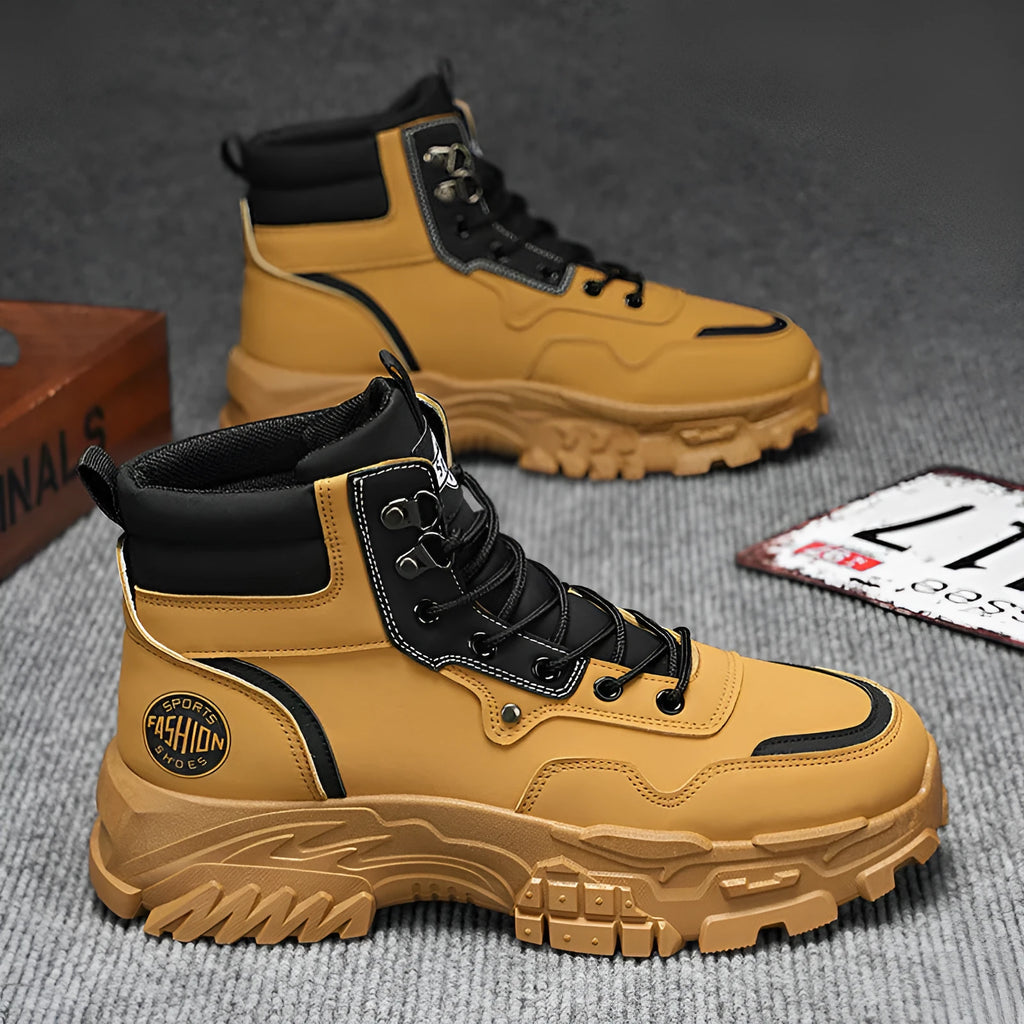 Men's black and yellow high-top Martin boots with a mid heel and injection moulded sole.