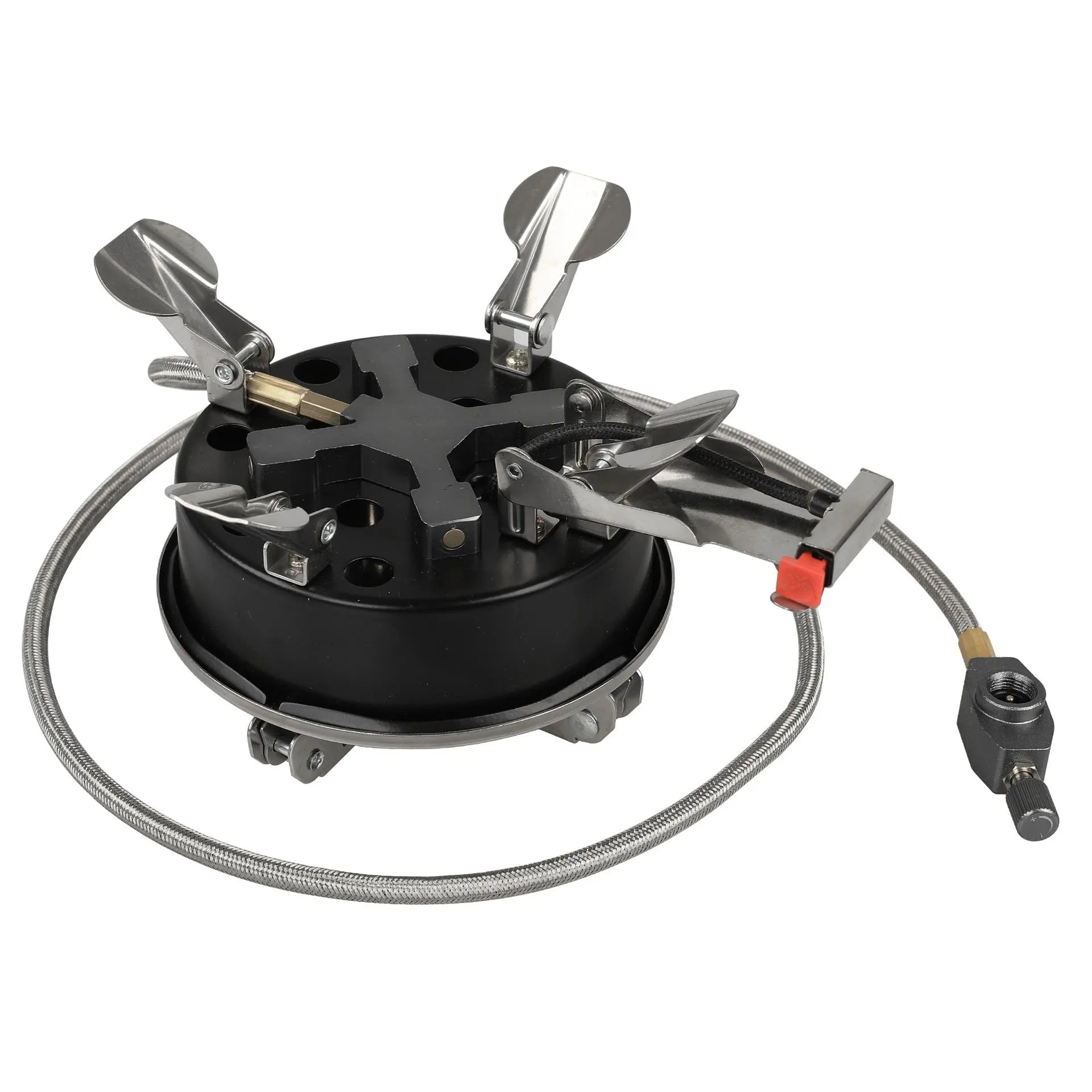 Silver stainless steel split camping stove with 100cm hose and foldable design
