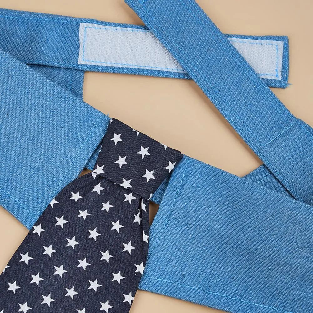 Adjustable denim dog collar with star-pattern bow tie attachment for formal occasions