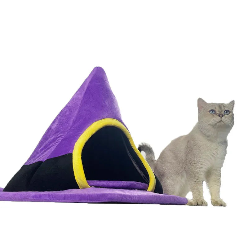 Purple Halloween witch hat shaped cat bed with enclosed cave design