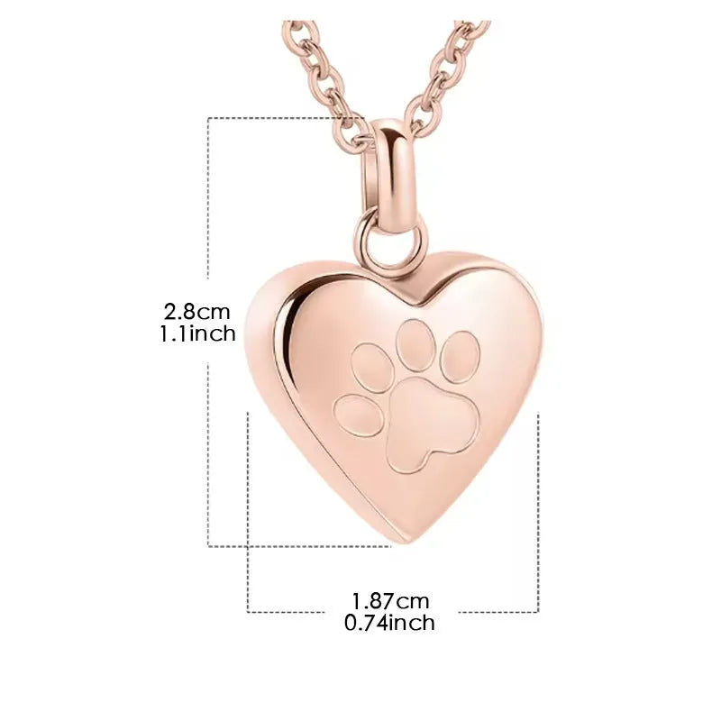 Openable heart-shaped titanium steel casket necklace with a paw print, on a chain.