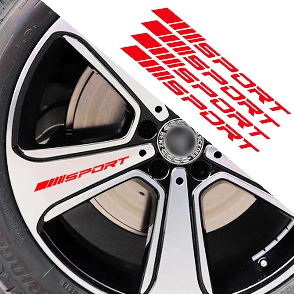 Hollow sports design car rim stickers in black, red, and white on PET vinyl sheet