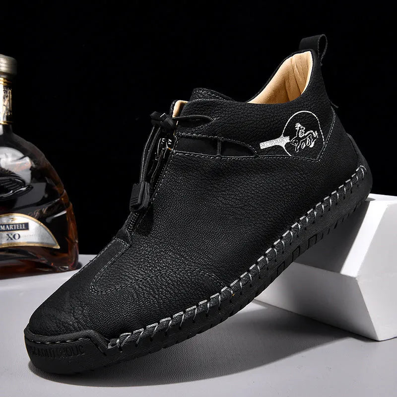 Men's casual leather shoe in green with round toe, mid-heel, and visible sewing thread detail.