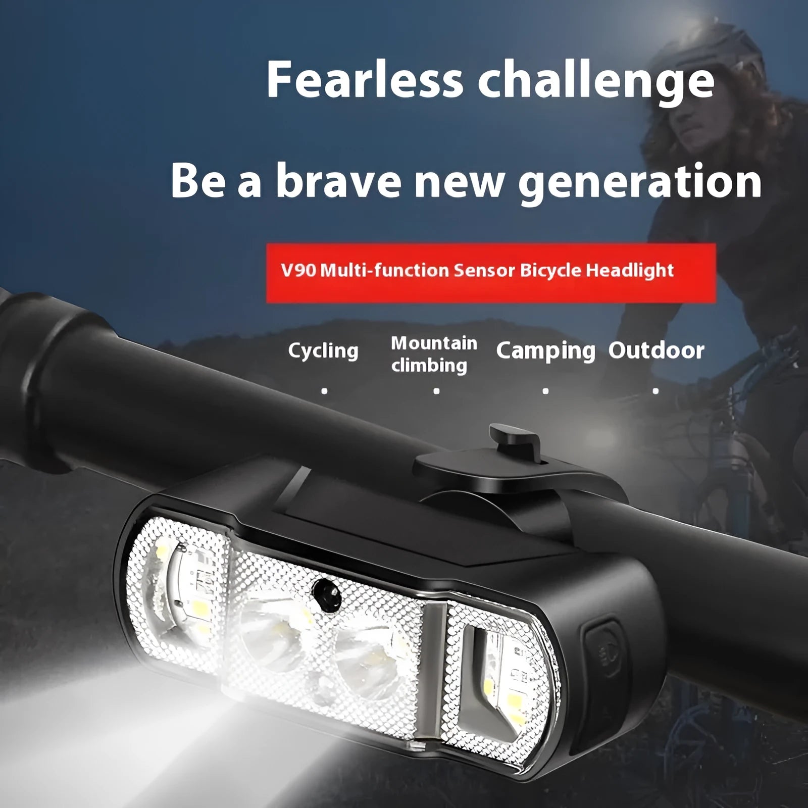 Black ABS bicycle headlight with LED display showing 350-lumen brightness and rechargeable battery