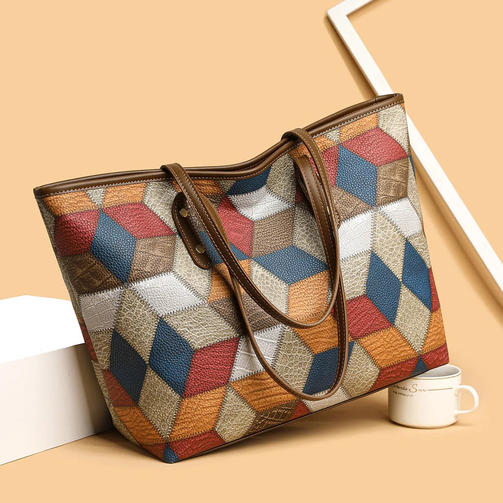 Women's PVC shoulder bag with sandwich pocket organisation in blue brown colour