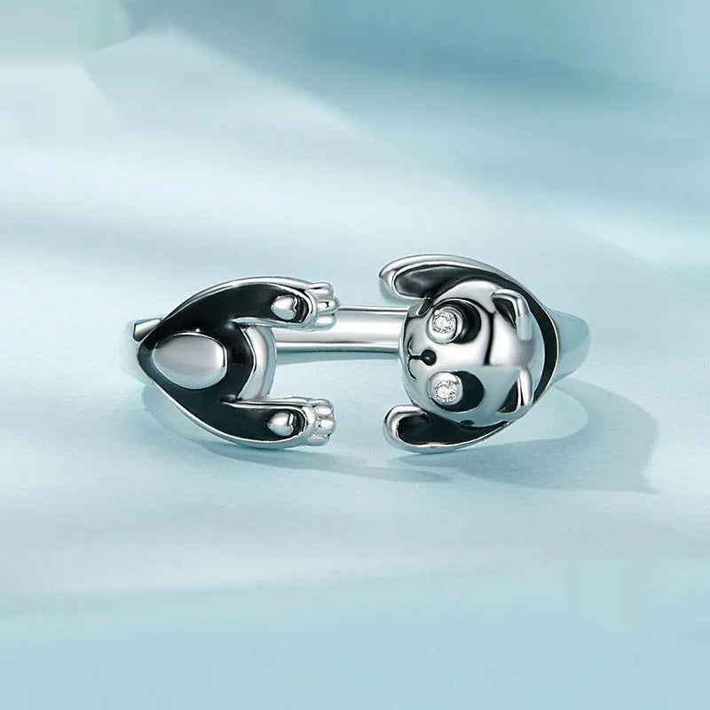 Adjustable sterling silver panda ring bracelet with white gold plating and open ring design