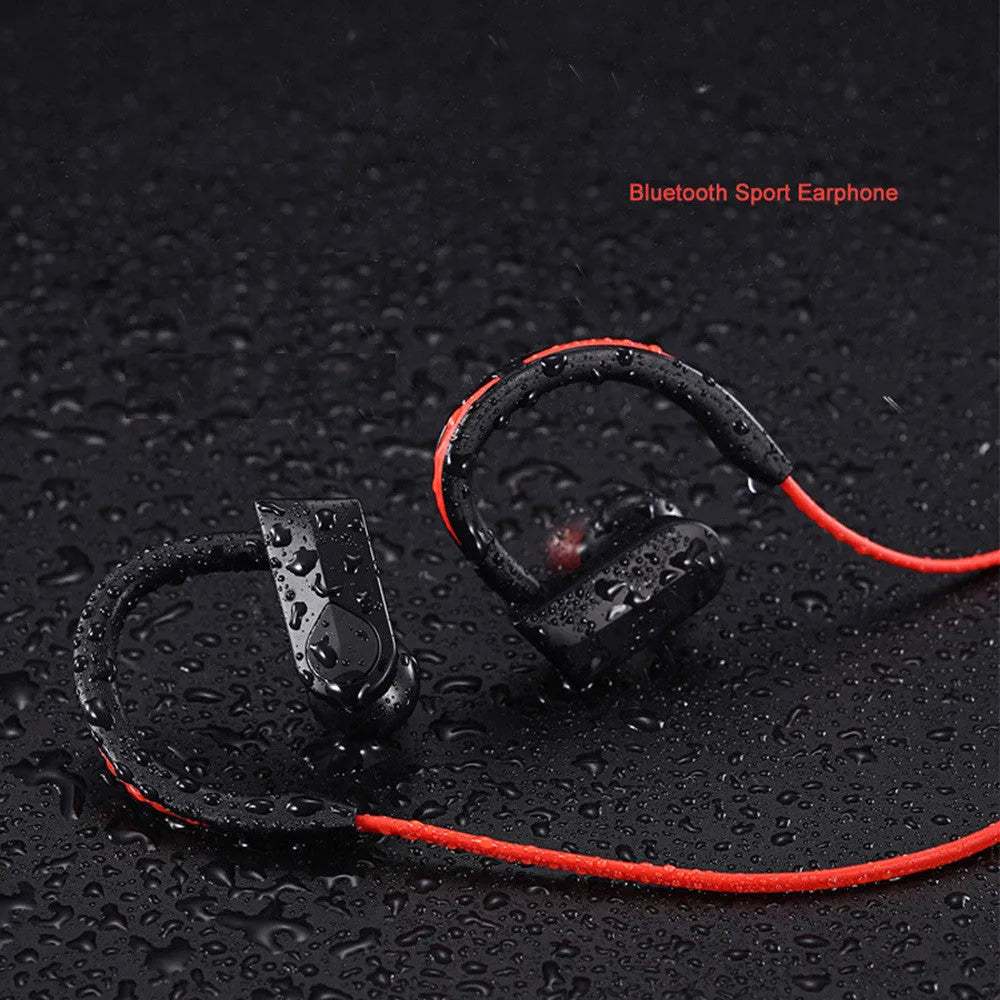 Wireless neckband Bluetooth earphones in black, blue, or red colours with USB charging cable.