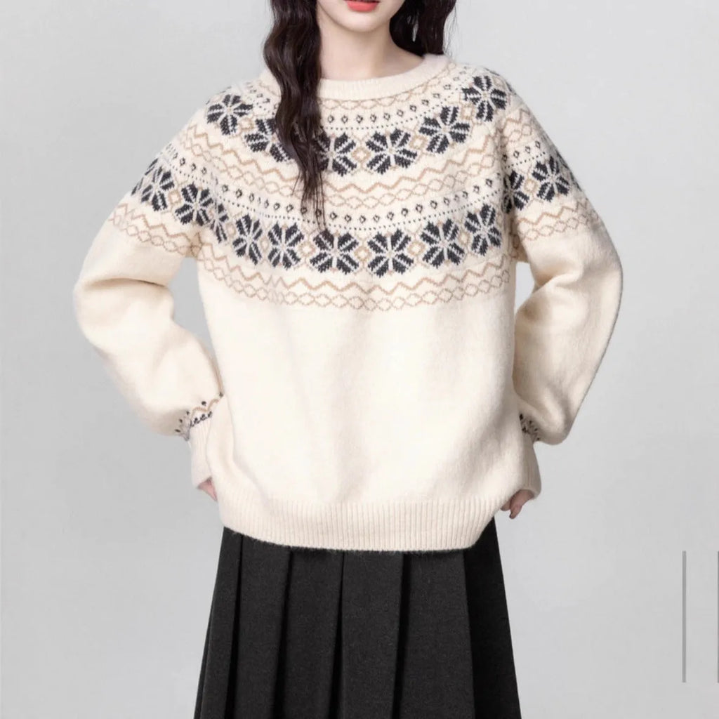 Women's milky white fair isle pullover sweater with geometric knitting pattern and crew neckline