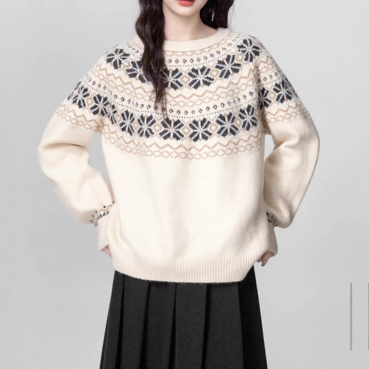 Women's milky white fair isle pullover sweater with geometric knitting pattern and crew neckline