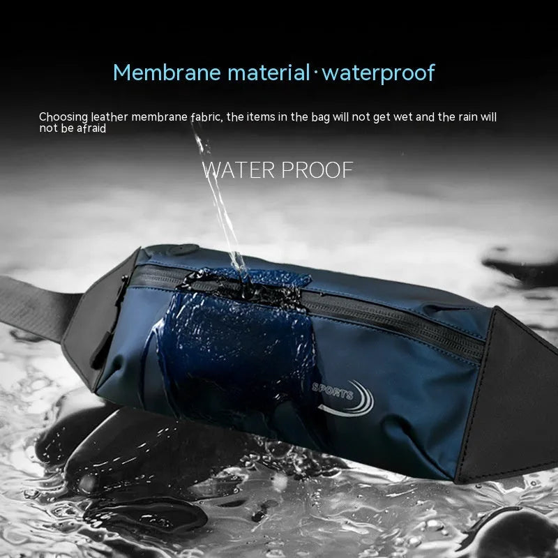 Men's blue waterproof waist bag made of Derm Oxford polyester with dimensions 45cm by 10cm.