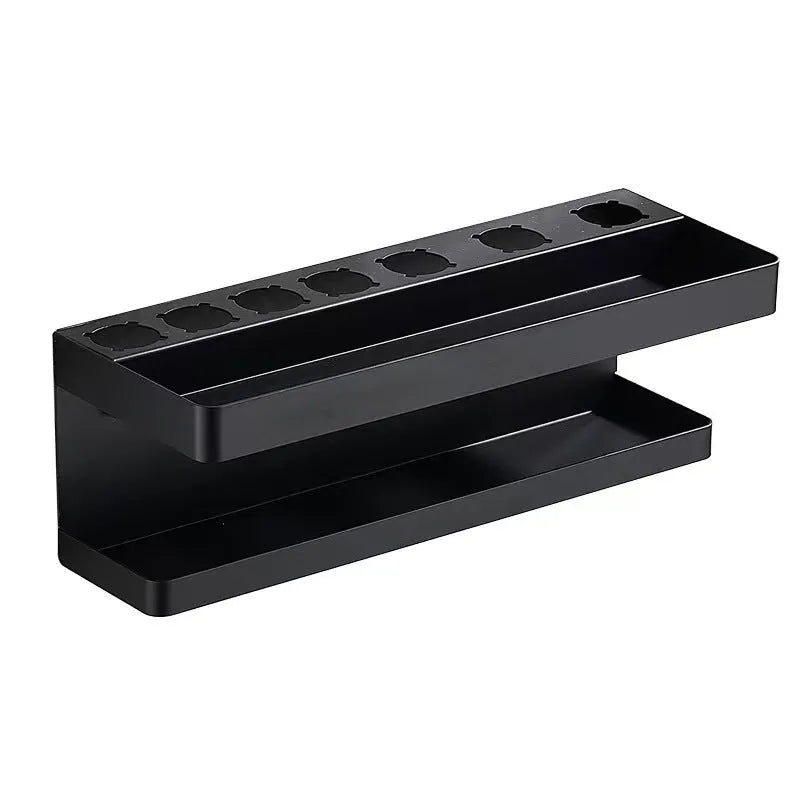 White two-layer aluminium bathroom storage rack holding Marcel wavers without drilling required