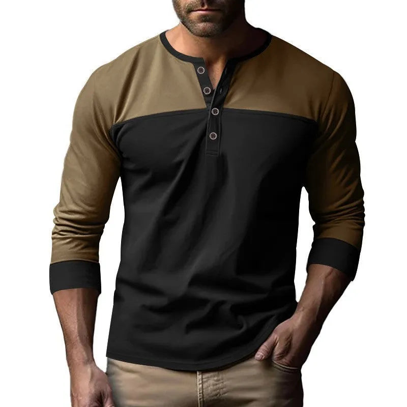 Long-sleeve Henry collar casual shirt in solid beaded twill fabric