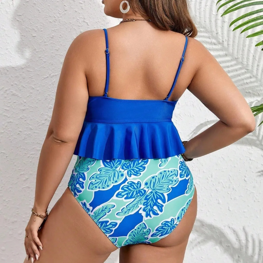 Blue polyester briefs style bikini set with top and shorts European American fit swimwear
