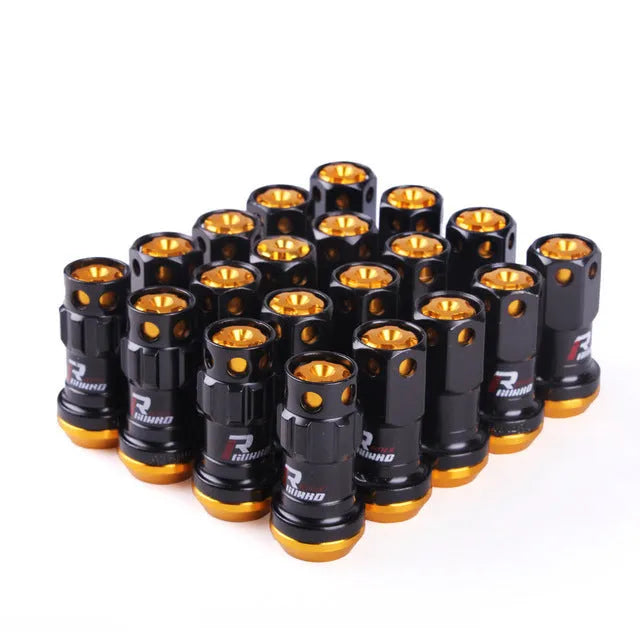Universal aluminium alloy wheel hub nuts in multiple colour options with flat head design