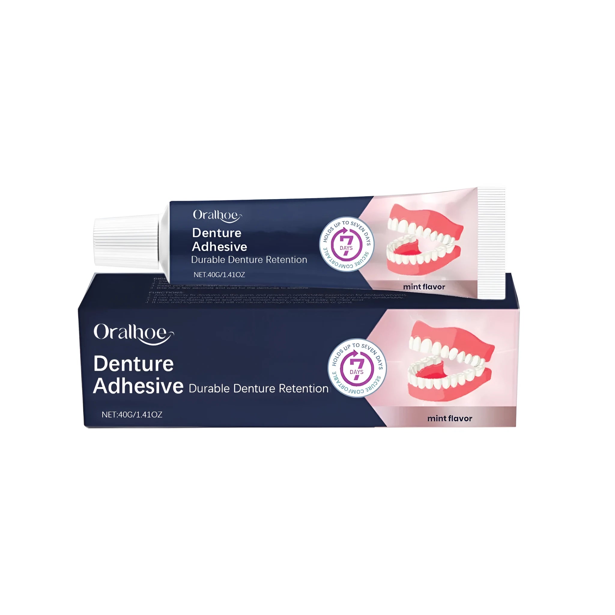 40g tube of menthol flavour denture fixing adhesive cream on a white background.
