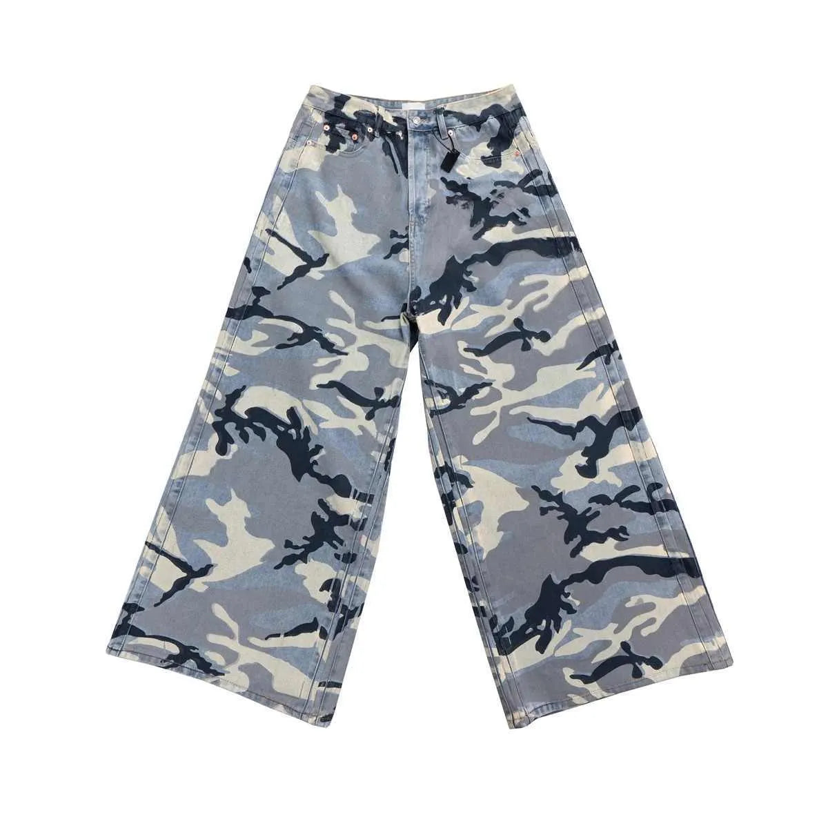 Snow camouflage blue loose-fit jeans with a mid waist on a hanger