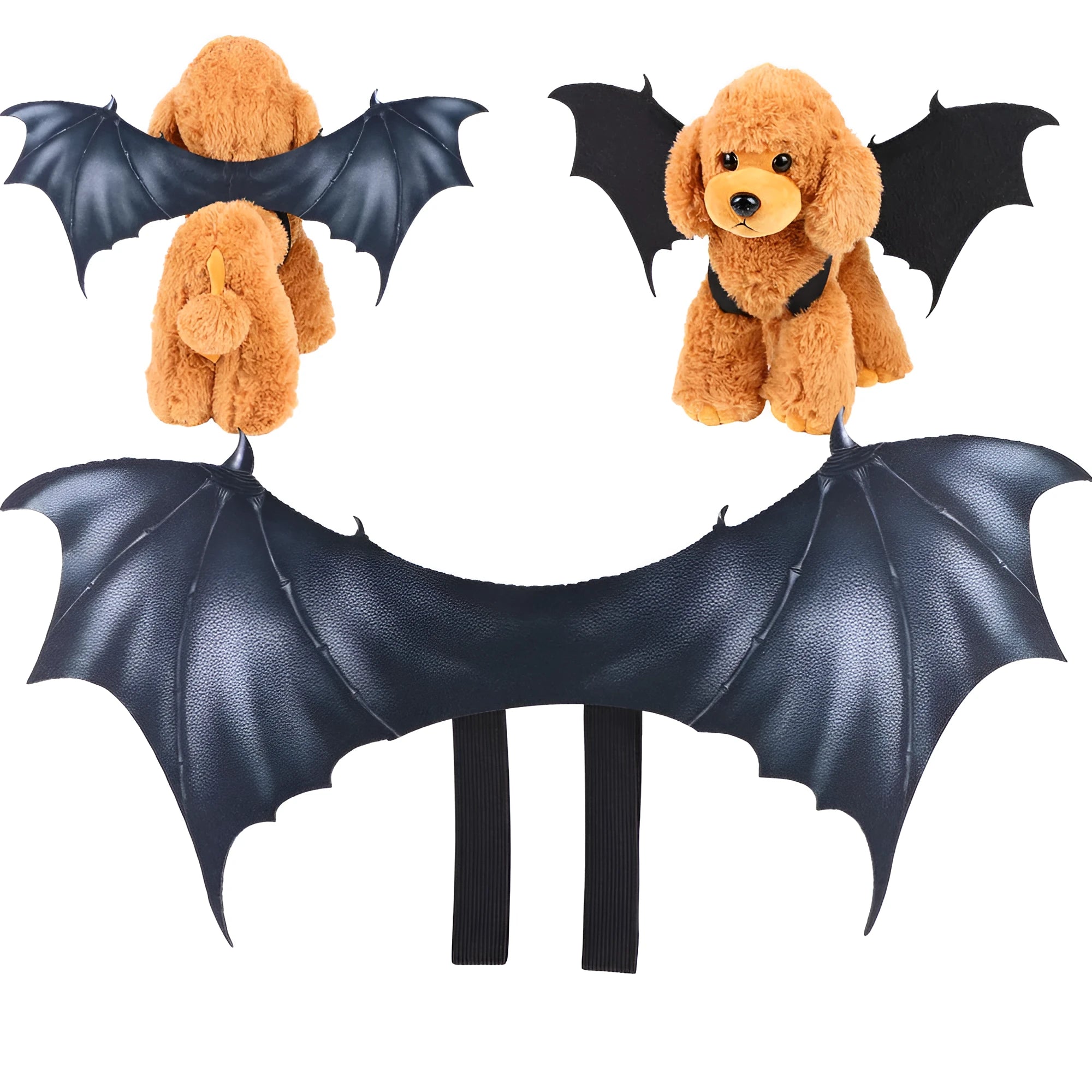 Black cloth bat wings for pets showing small, medium, and large size options