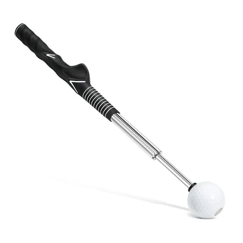 Telescopic golf swing simulator trainer in stainless steel, shown extended for use.