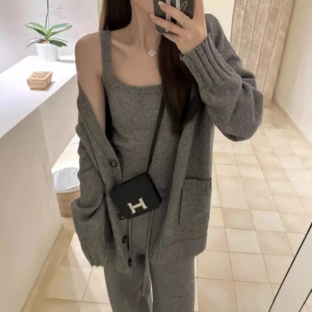 Women's knit cardigan vest and suspender trousers three-piece set in wool blend fabric