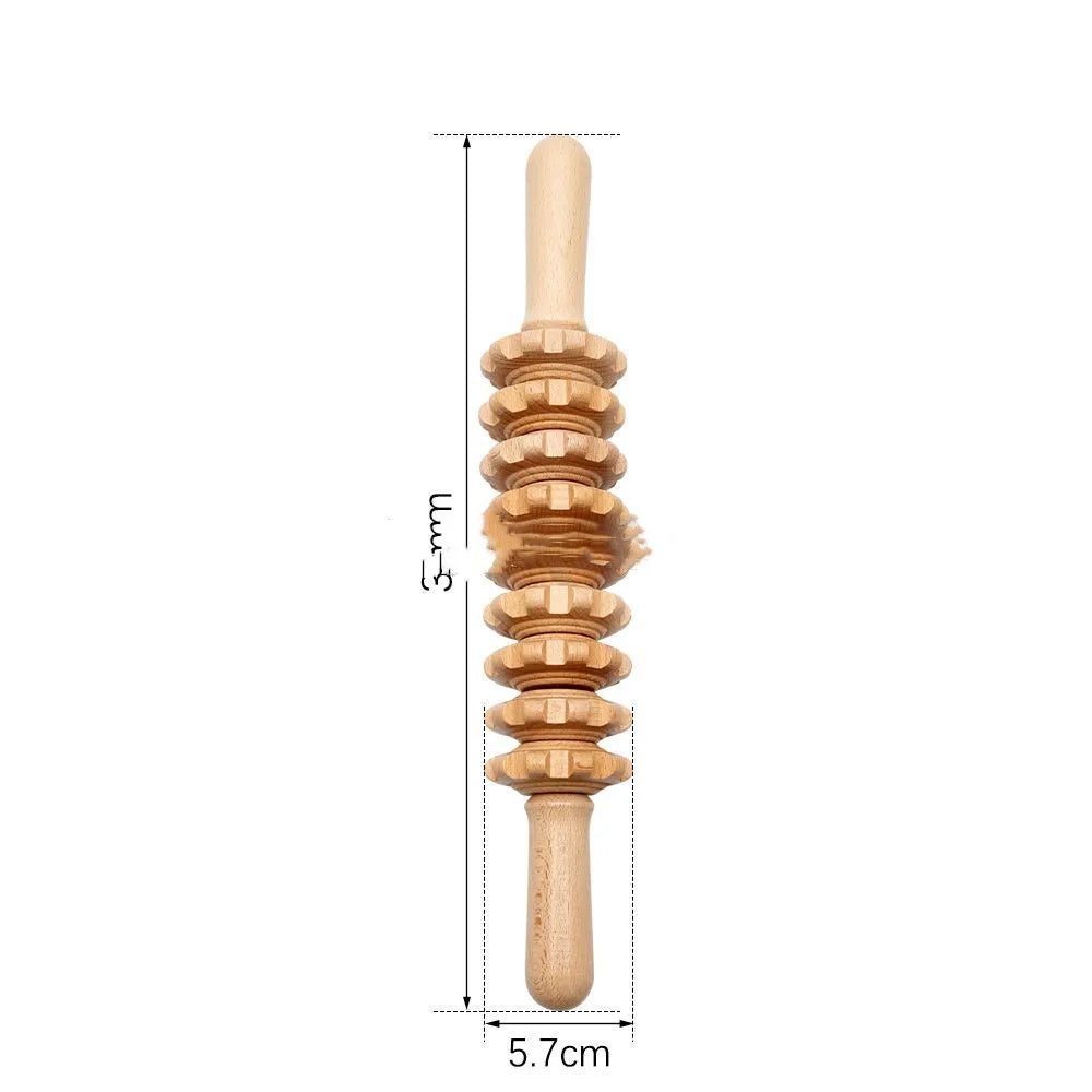 Beech wood massage roller set with T-shaped roller and multiple wheel sets on a neutral background.