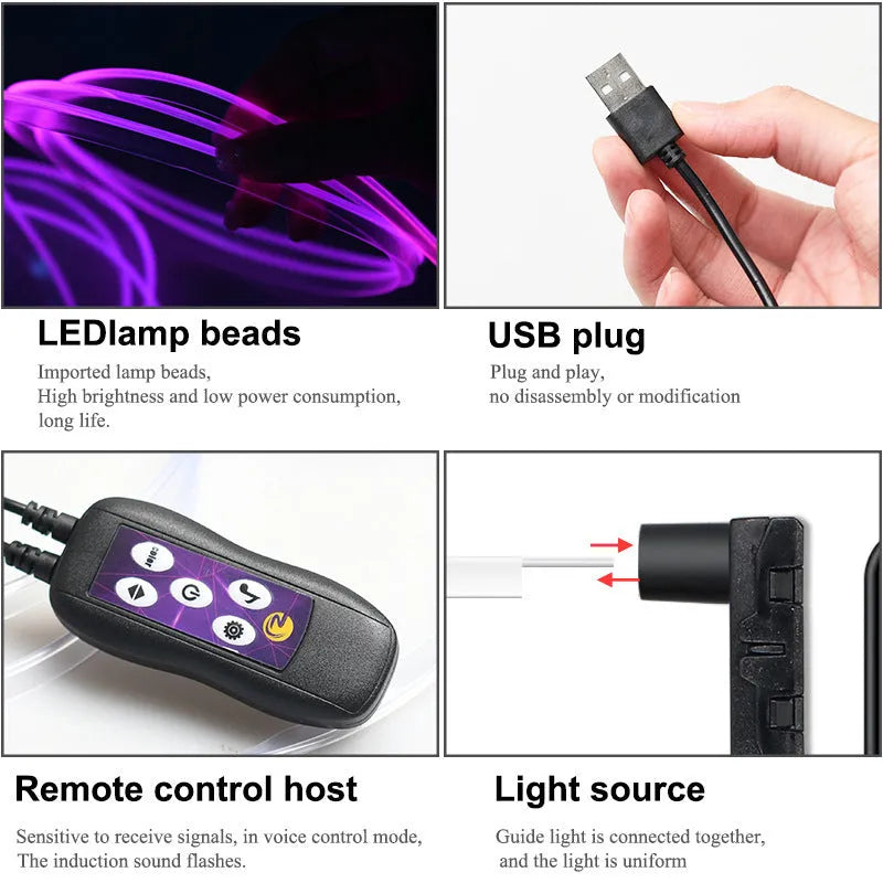 Car USB LED atmosphere lamp showing colour-changing strip installed on dashboard