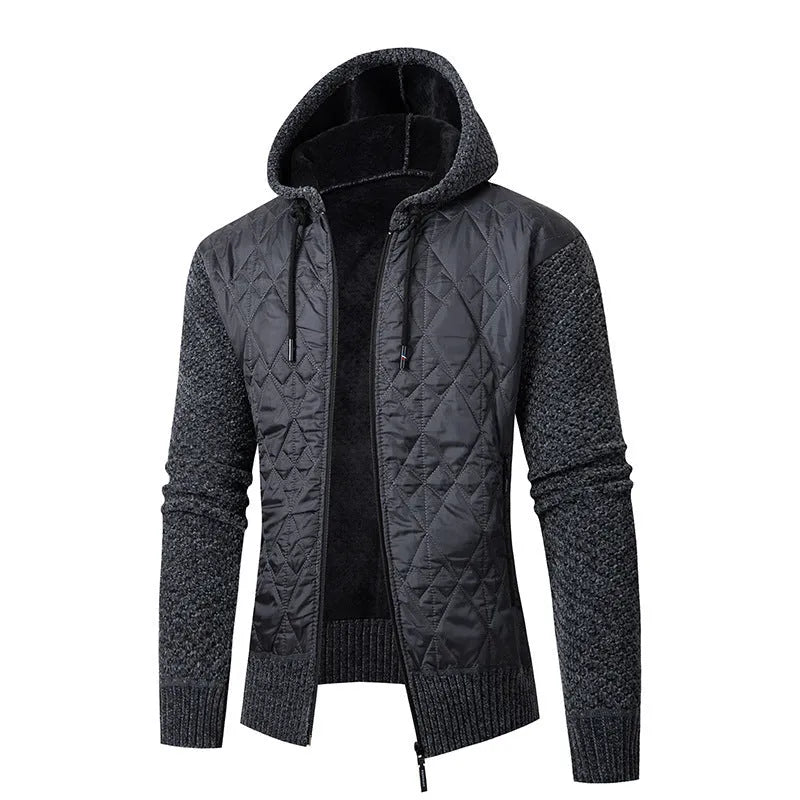 Men's grey corduroy hooded sweater coat with cinched waist design