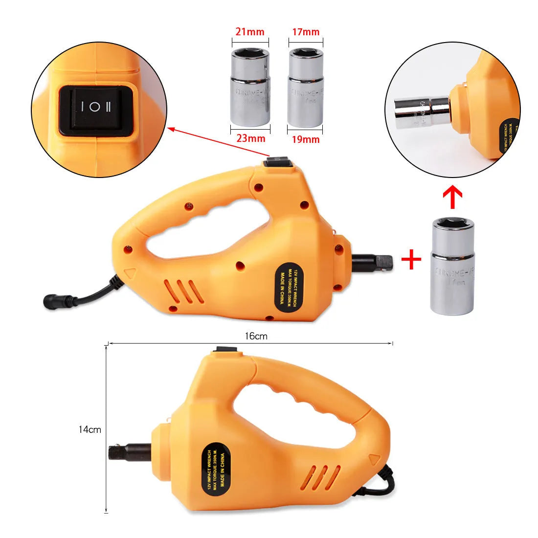Yellow steel electric car jack and wrench set for vehicle tyre changes