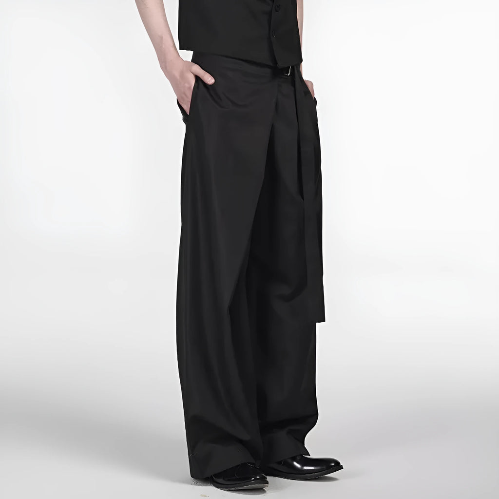 Black straight-leg trousers with single pleat front and adjustable mid waist