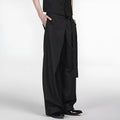 Black straight-leg trousers with single pleat front and adjustable mid waist