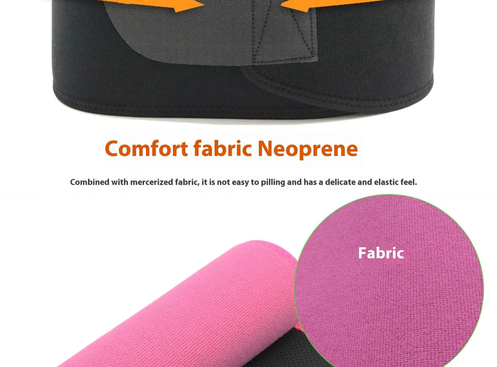 Neoprene lumbar support belt with adjustable strap in black, blue, or pink