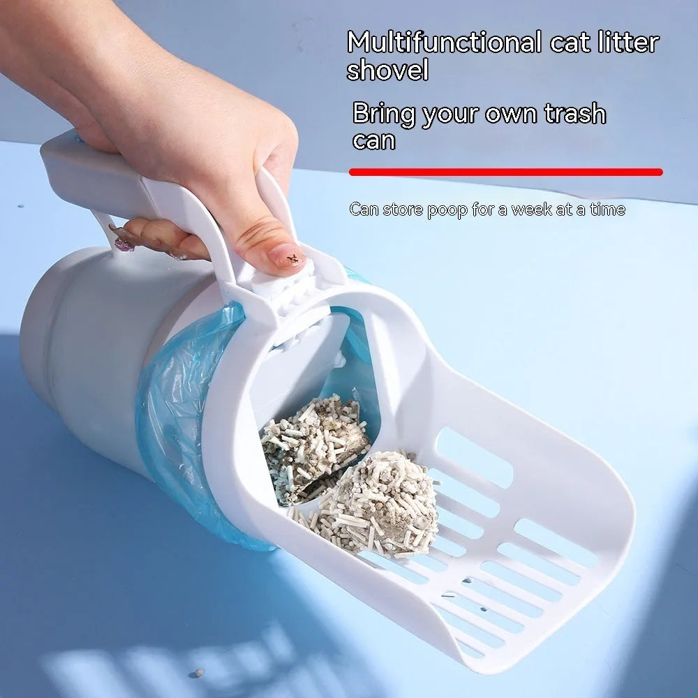 Grey cat litter scoop attached to a lidded waste bin with a foldable bottom and non-slip handle.