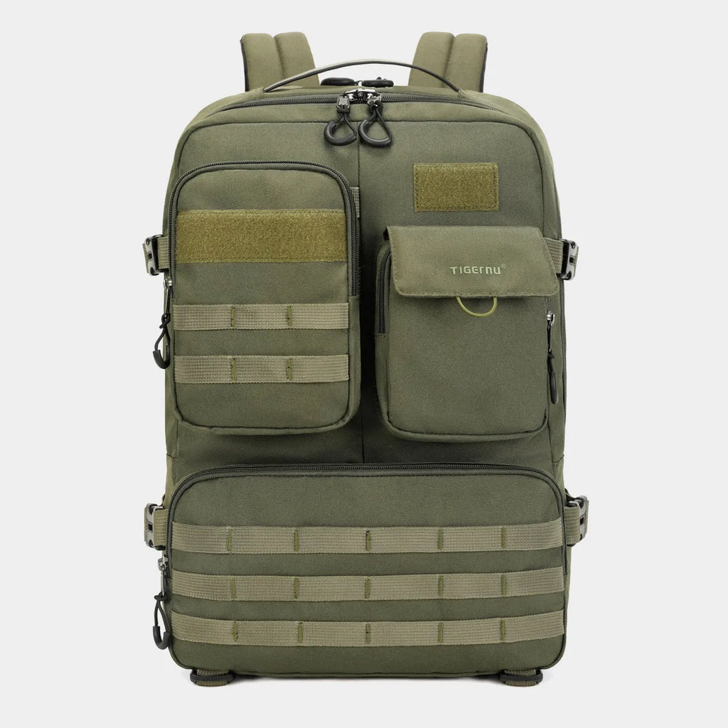 17-inch waterproof tactical backpack in army green colour with outdoor sports equipment