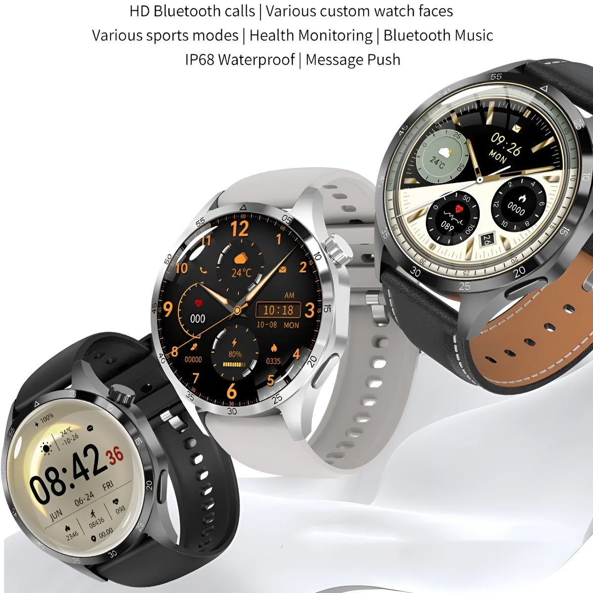 Black smartwatch with Bluetooth calling, sports modes and health monitoring functions on wrist