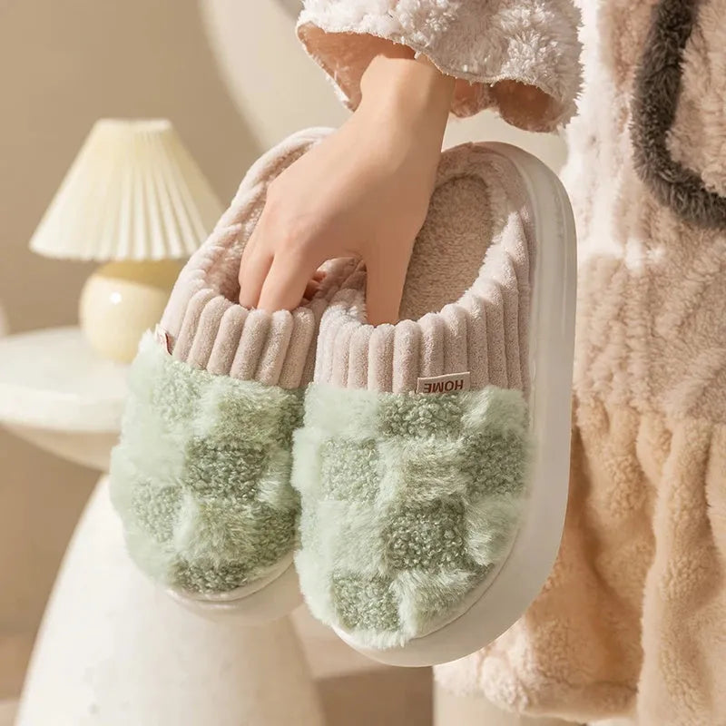 Women's plush indoor slippers in coffee colour with coral velvet upper and anti-slip PVC sole.