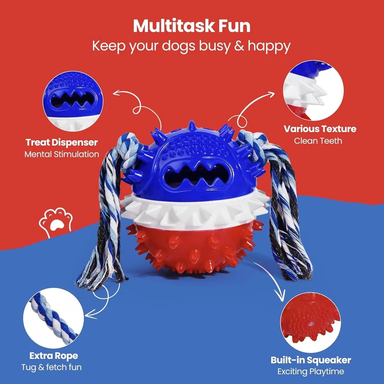 Blue red and yellow ball-shaped dog toy with treat dispenser hole and rope attachment
