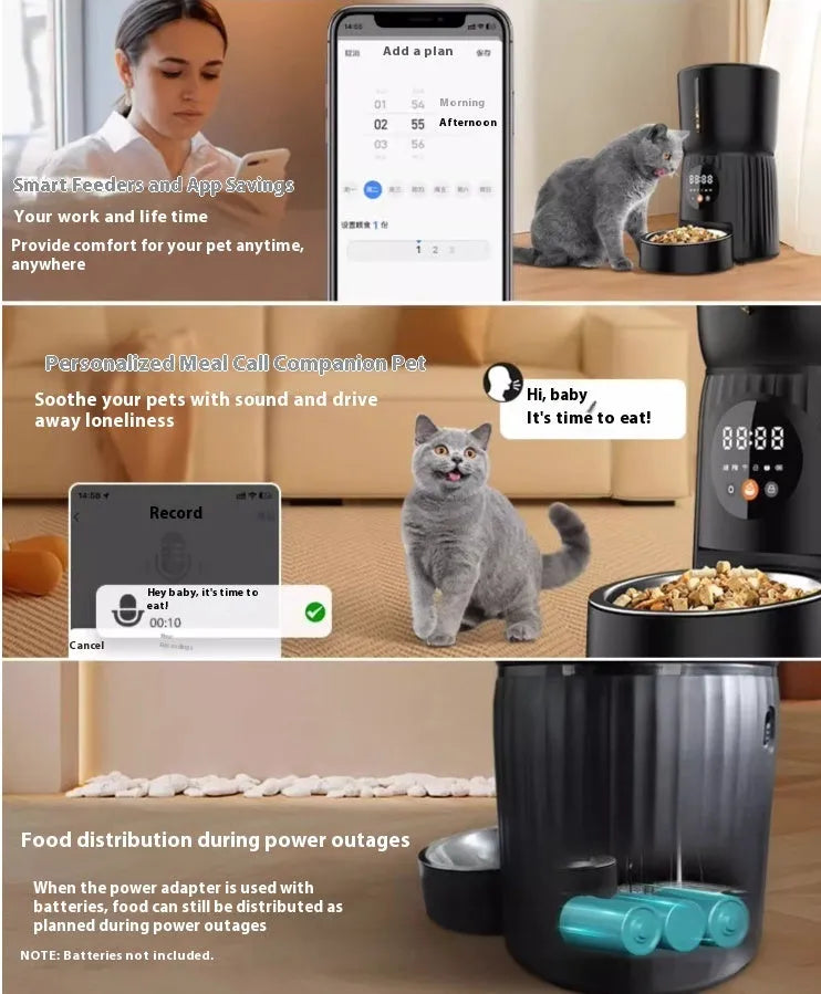Black and white automatic pet feeder with food storage hopper and USB power connection