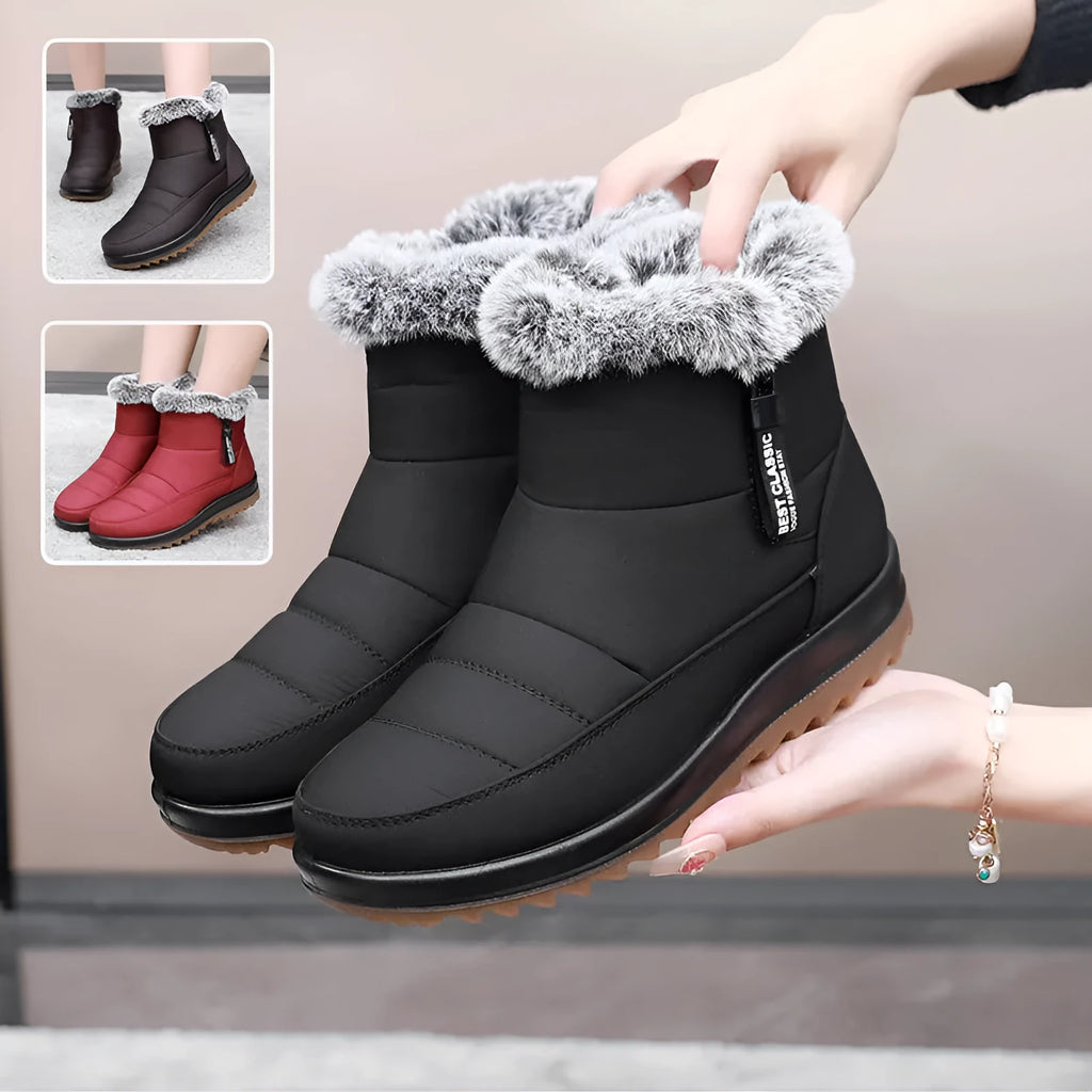 Women's winter ankle boot with side zipper and fleece lining, shown in black, dark brown, and red.