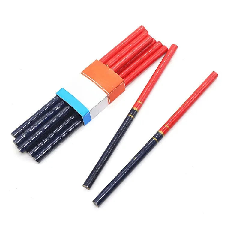 Red and blue two-colour carpenter's pencils with wooden round shells in 10-piece pack
