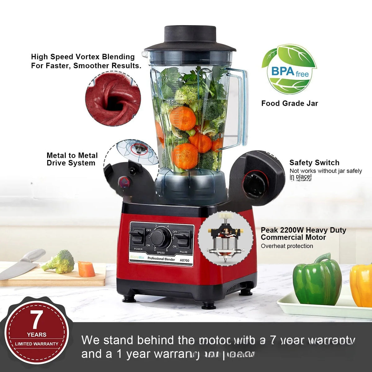 Red commercial blender with 2200W motor and 2-litre jug for industrial kitchen use.