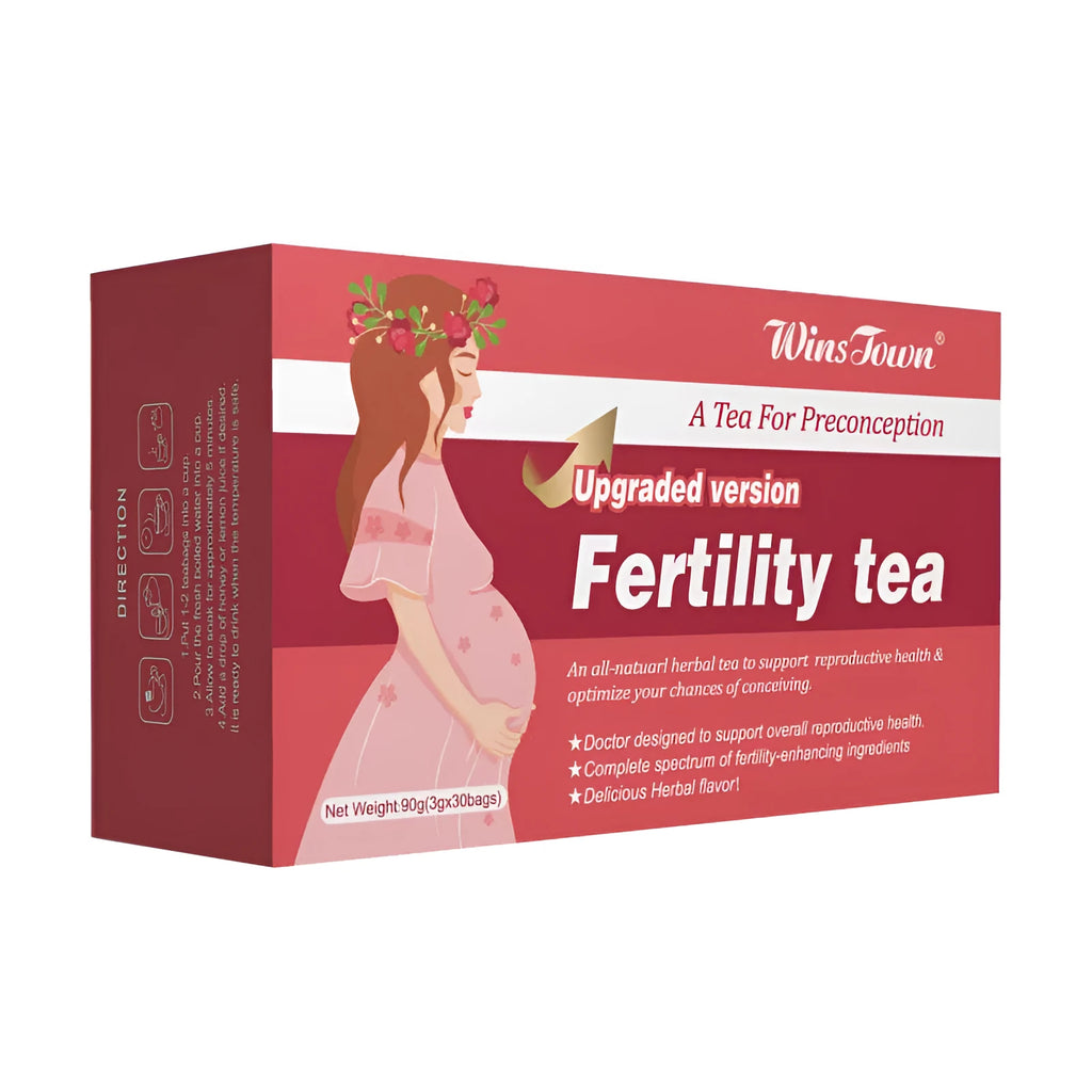 Box of fertility tea containing 30 individual herbal tea bags for daily reproductive health supplementation