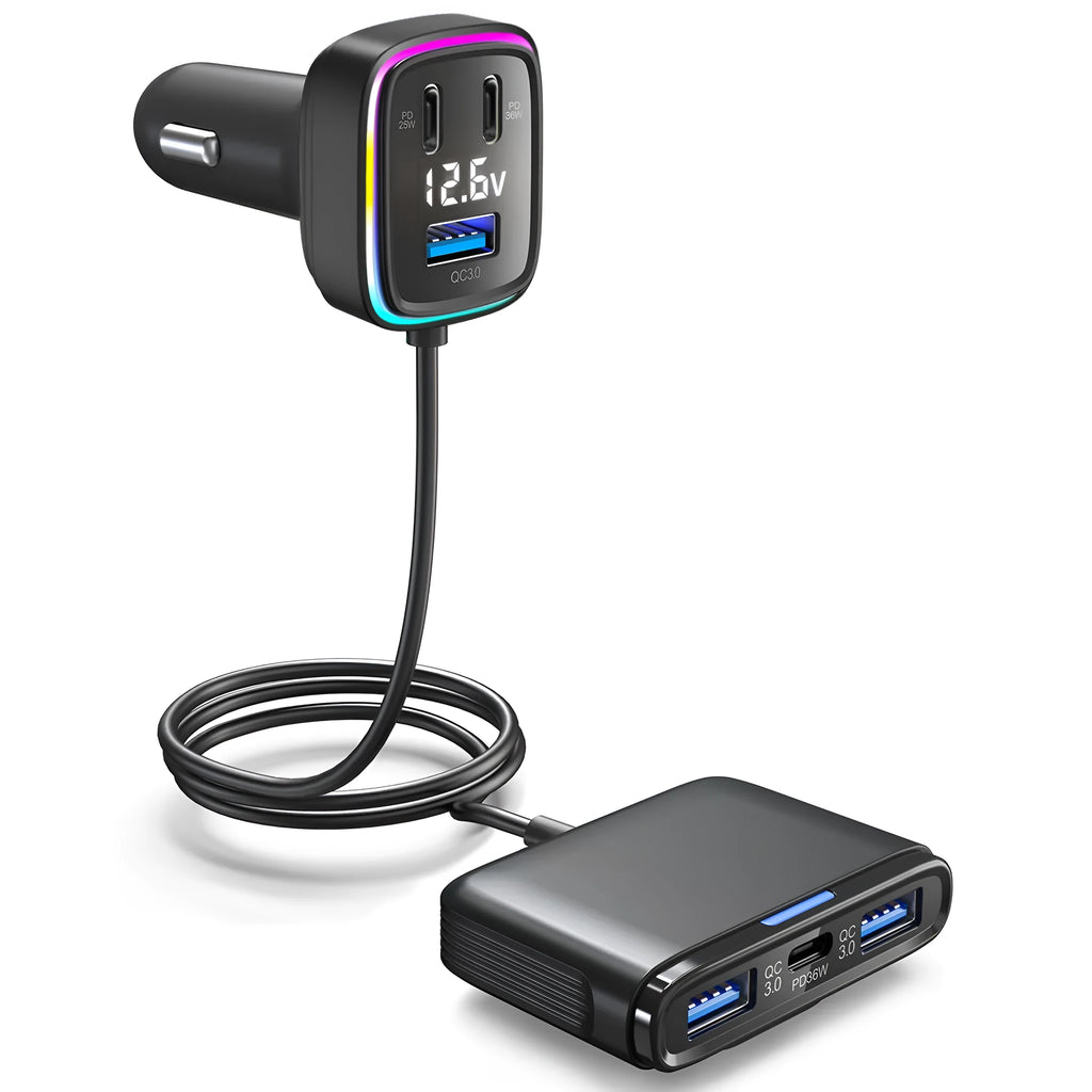 GE01 car charger with 115W output, 12-24V input, ABS PC body, 4.1x3.45x7.4cm size
