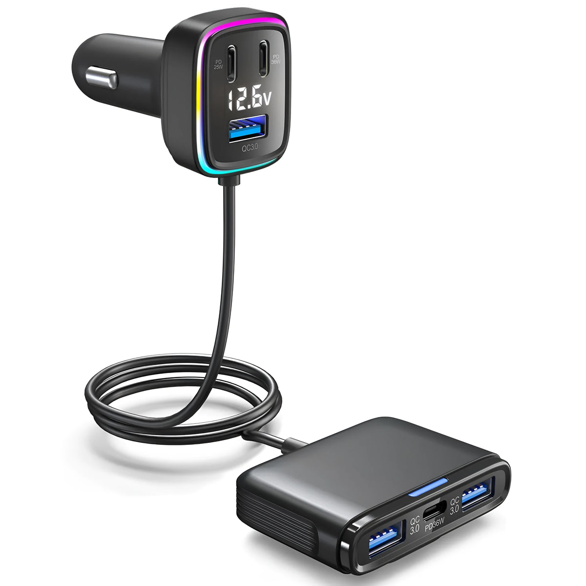 GE01 car charger with 115W output, 12-24V input, ABS PC body, 4.1x3.45x7.4cm size