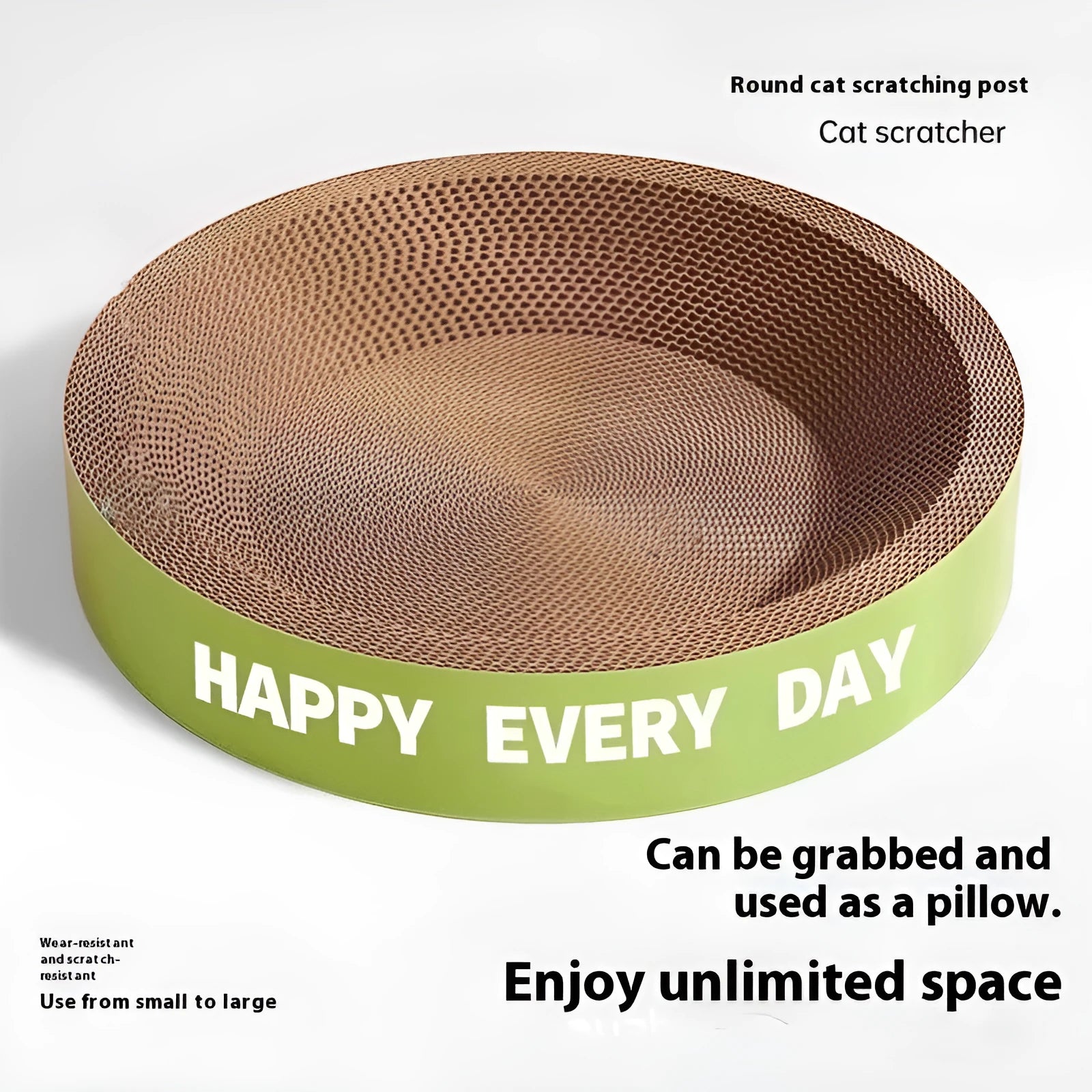 Green round corrugated cardboard cat scratching nest measuring 50cm diameter with 55cm height