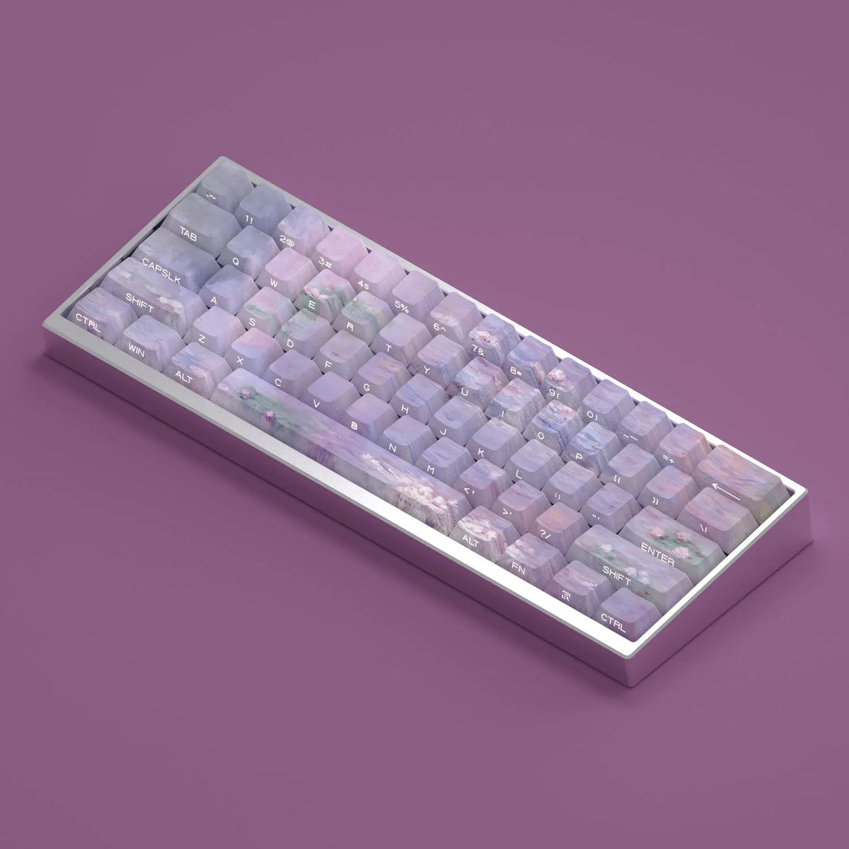 Wenshao Sleeping Lotus PBT keycap set with 130 keys showing side-carved transparent character design
